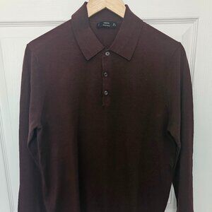 MANGO Merino Wool Long Sleeve Knit Polo Sweater - Burgundy Wine - Size S